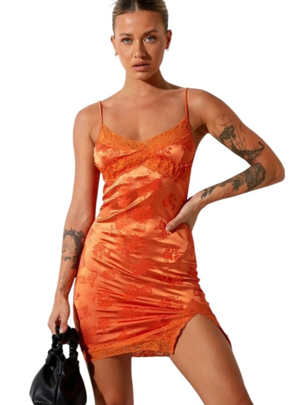 Motel Orange Satin Floral Lace Bodycon Mini Dress S